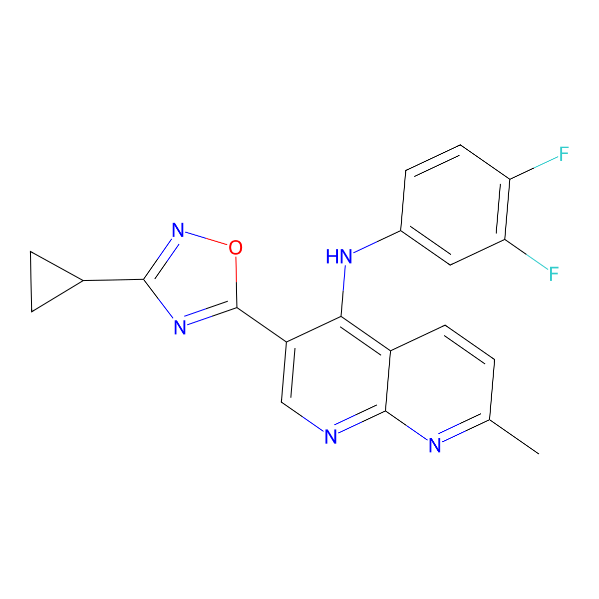 3-(3-cyclopropyl-1,2,4-oxadiazol-5-yl)-N-(3,4-difluorophenyl)-7-methyl-1,8-naphthyridin-4-amine molecular structure, CAS 1251597-80-4
