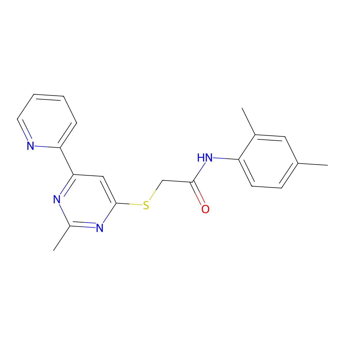 N-(2,4-dimethylphenyl)-2-((2-methyl-6-(pyridin-2-yl)pyrimidin-4-yl)thio)acetamide molecular structure, CAS 1251597-82-6