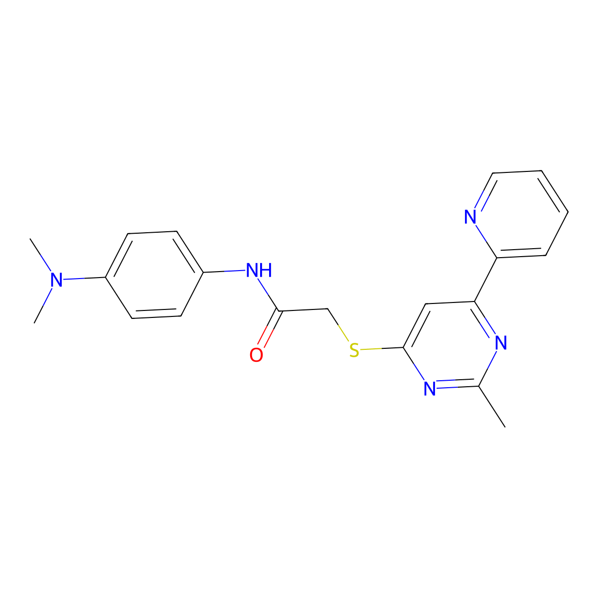N-(4-(dimethylamino)phenyl)-2-((2-methyl-6-(pyridin-2-yl)pyrimidin-4-yl)thio)acetamide molecular structure, CAS 1251597-87-1