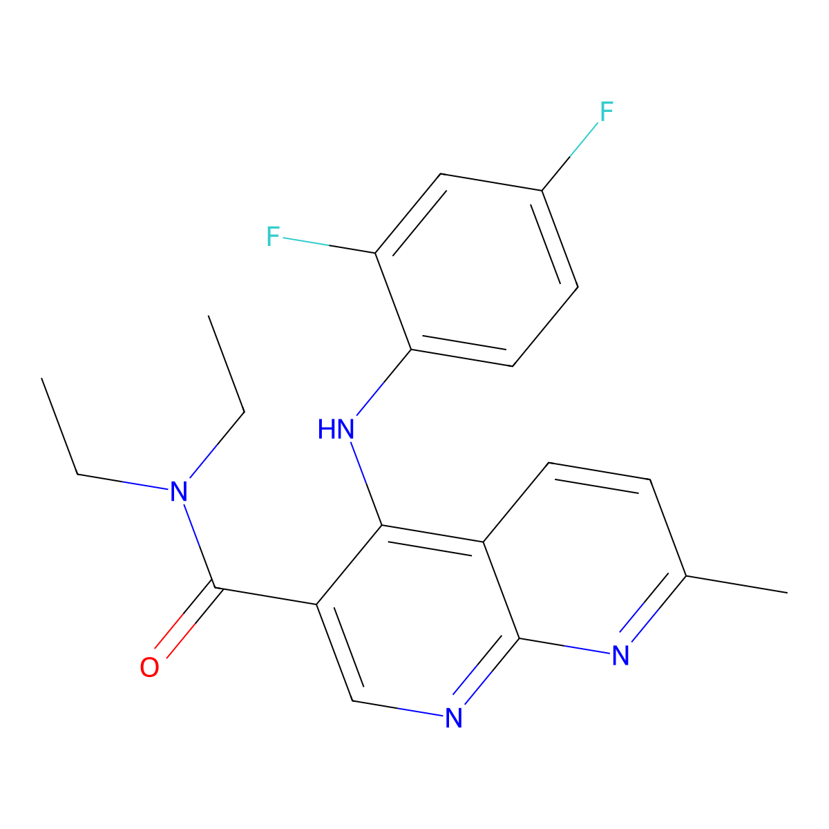 4-((2,4-difluorophenyl)amino)-N,N-diethyl-7-methyl-1,8-naphthyridine-3-carboxamide molecular structure, CAS 1251597-90-6