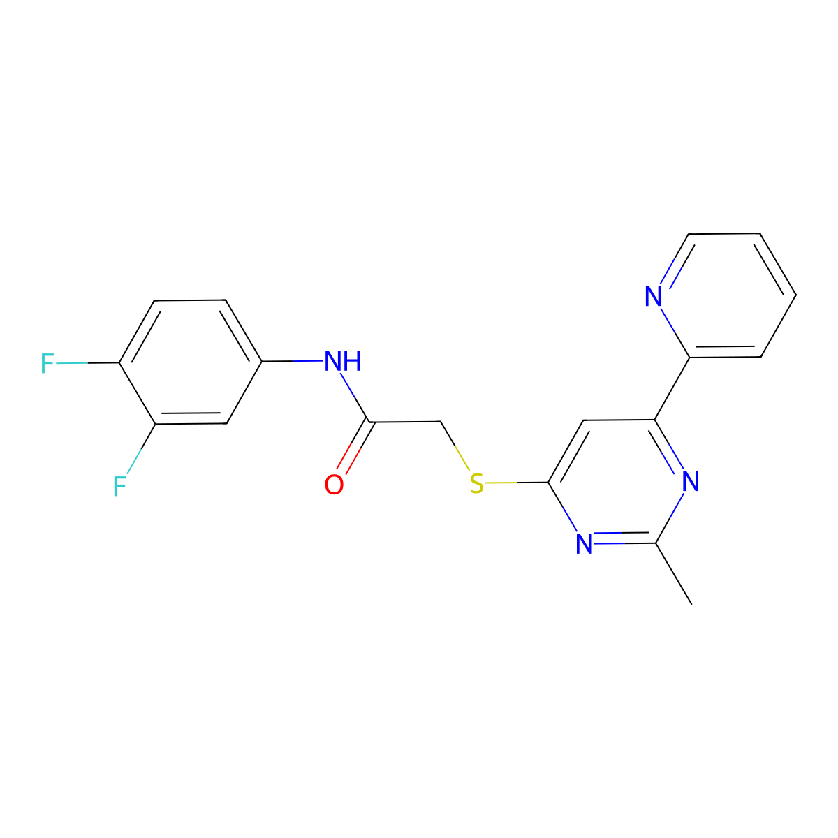 N-(3,4-difluorophenyl)-2-((2-methyl-6-(pyridin-2-yl)pyrimidin-4-yl)thio)acetamide molecular structure, CAS 1251597-94-0