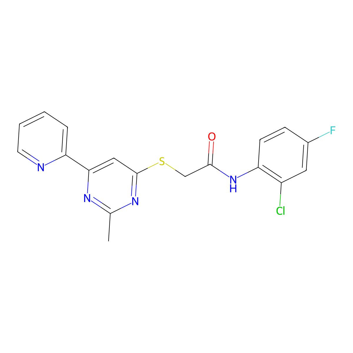 N-(2-chloro-4-fluorophenyl)-2-((2-methyl-6-(pyridin-2-yl)pyrimidin-4-yl)thio)acetamide molecular structure, CAS 1251598-01-2