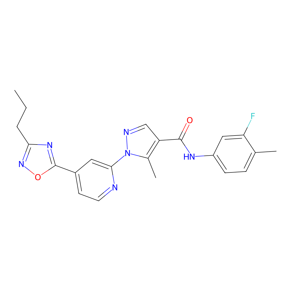 N-(3-fluoro-4-methylphenyl)-5-methyl-1-[4-(3-propyl-1,2,4-oxadiazol-5-yl)pyridin-2-yl]-1H-pyrazole-4-carboxamide molecular structure, CAS 1251598-06-7