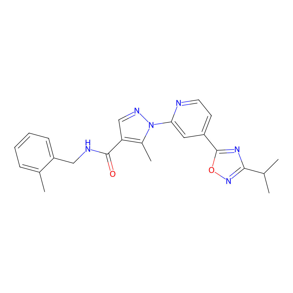 5-methyl-N-[(2-methylphenyl)methyl]-1-{4-[3-(propan-2-yl)-1,2,4-oxadiazol-5-yl]pyridin-2-yl}-1H-pyrazole-4-carboxamide molecular structure, CAS 1251598-20-5
