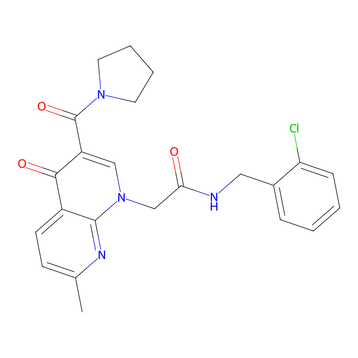 N-(2-chlorobenzyl)-2-(7-methyl-4-oxo-3-(pyrrolidine-1-carbonyl)-1,8-naphthyridin-1(4H)-yl)acetamide molecular structure, CAS 1251598-22-7