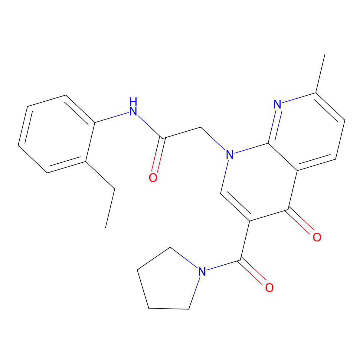 N-(2-ethylphenyl)-2-(7-methyl-4-oxo-3-(pyrrolidine-1-carbonyl)-1,8-naphthyridin-1(4H)-yl)acetamide molecular structure, CAS 1251598-30-7