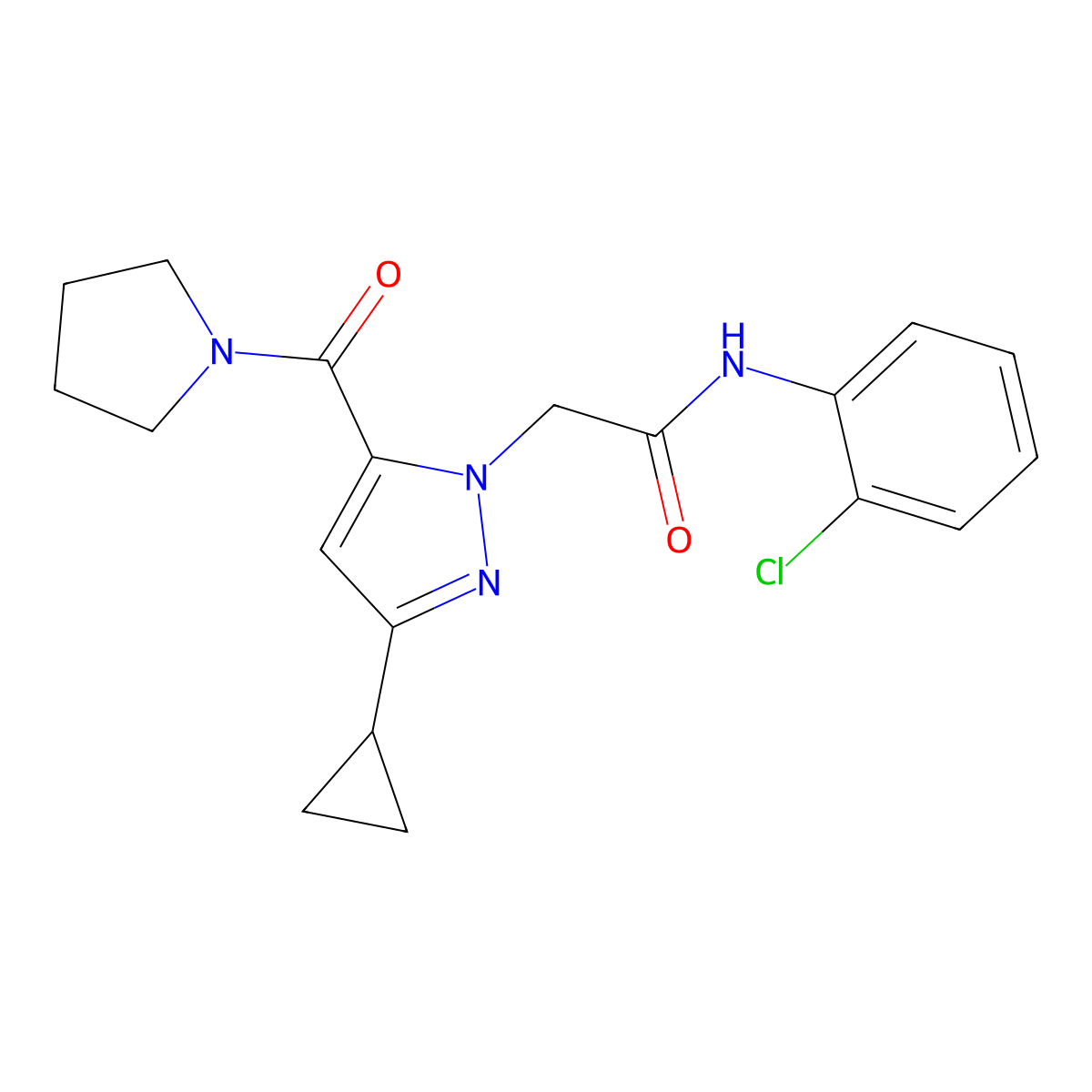N-(2-chlorophenyl)-2-[3-cyclopropyl-5-(pyrrolidine-1-carbonyl)-1H-pyrazol-1-yl]acetamide molecular structure, CAS 1251598-32-9