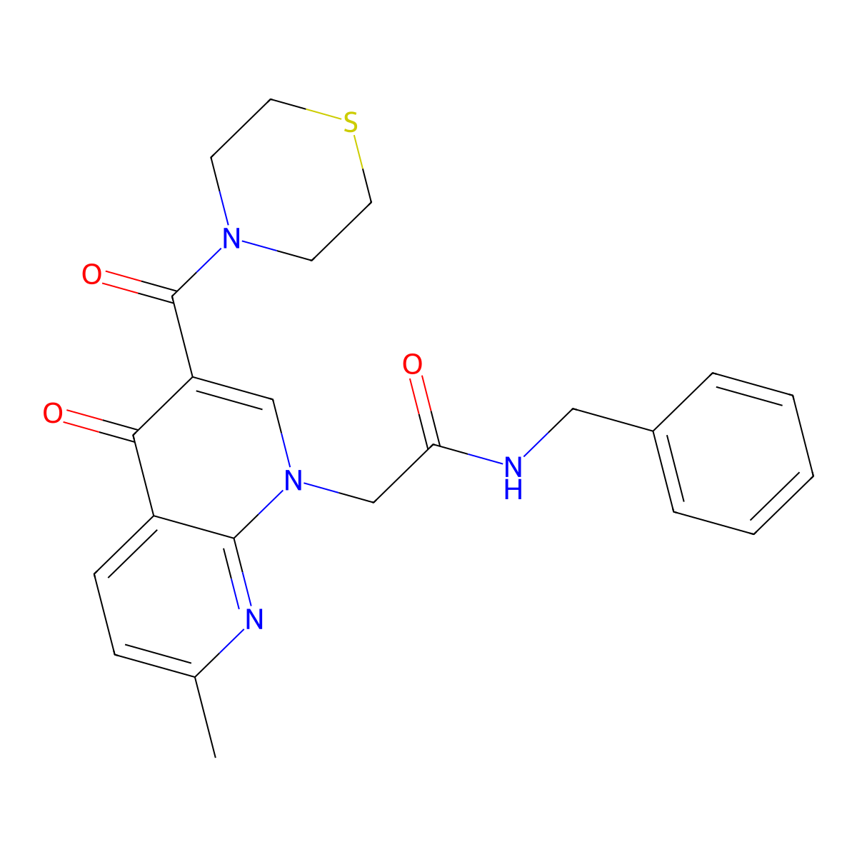 N-benzyl-2-(7-methyl-4-oxo-3-(thiomorpholine-4-carbonyl)-1,8-naphthyridin-1(4H)-yl)acetamide molecular structure, CAS 1251598-40-9