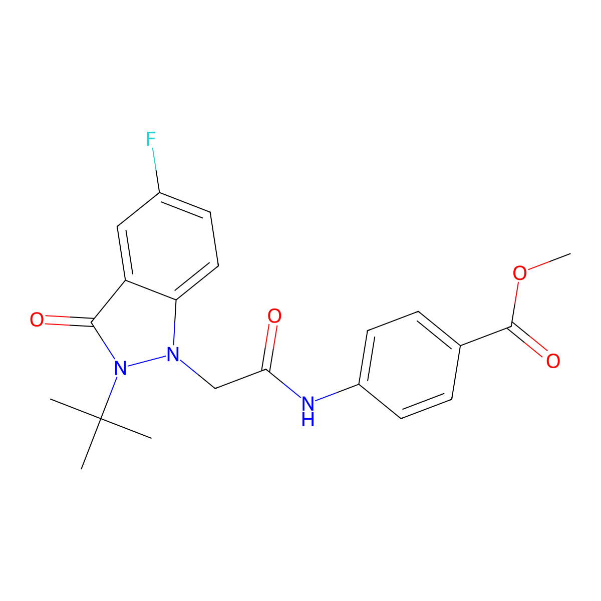 methyl 4-(2-(2-(tert-butyl)-5-fluoro-3-oxo-2,3-dihydro-1H-indazol-1-yl)acetamido)benzoate molecular structure, CAS 1251598-41-0