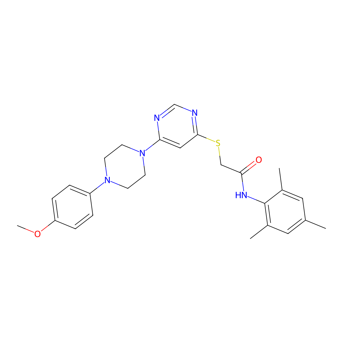 2-({6-[4-(4-methoxyphenyl)piperazin-1-yl]pyrimidin-4-yl}sulfanyl)-N-(2,4,6-trimethylphenyl)acetamide molecular structure, CAS 1251598-70-5