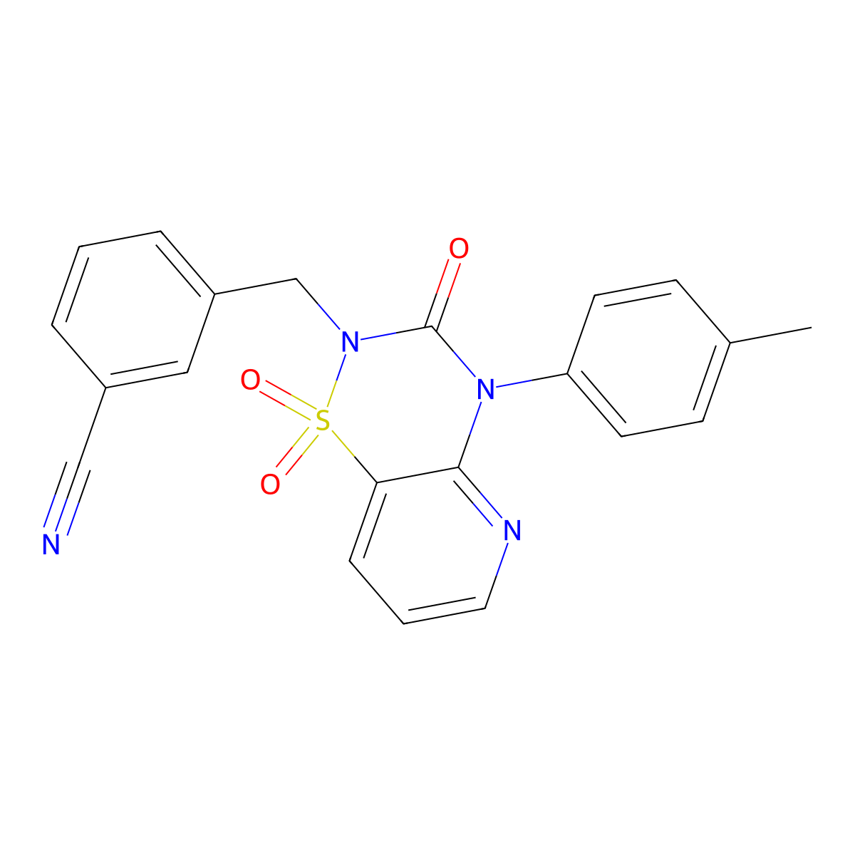 3-((1,1-dioxido-3-oxo-4-(p-tolyl)-3,4-dihydro-2H-pyrido[2,3-e][1,2,4]thiadiazin-2-yl)methyl)benzonitrile molecular structure, CAS 1251598-78-3