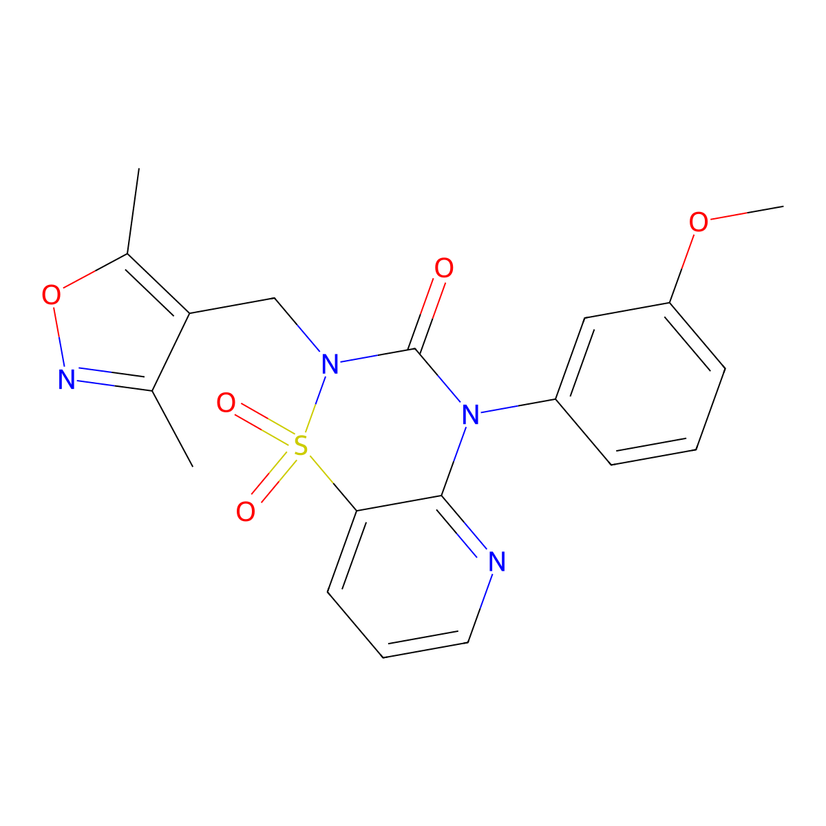 2-((3,5-dimethylisoxazol-4-yl)methyl)-4-(3-methoxyphenyl)-2H-pyrido[2,3-e][1,2,4]thiadiazin-3(4H)-one 1,1-dioxide molecular structure, CAS 1251598-84-1