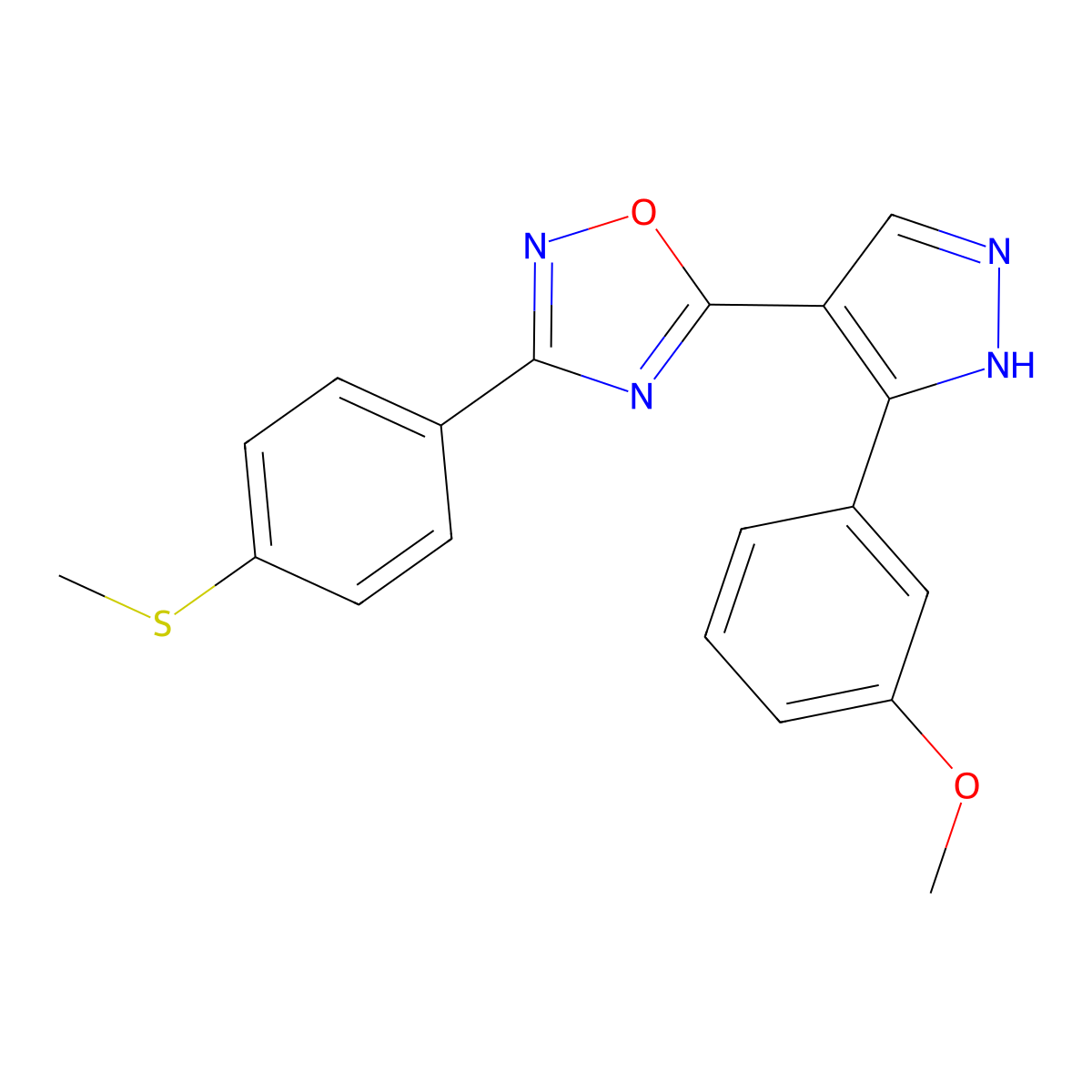 5-(3-(3-methoxyphenyl)-1H-pyrazol-4-yl)-3-(4-(methylthio)phenyl)-1,2,4-oxadiazole molecular structure, CAS 1251599-01-5