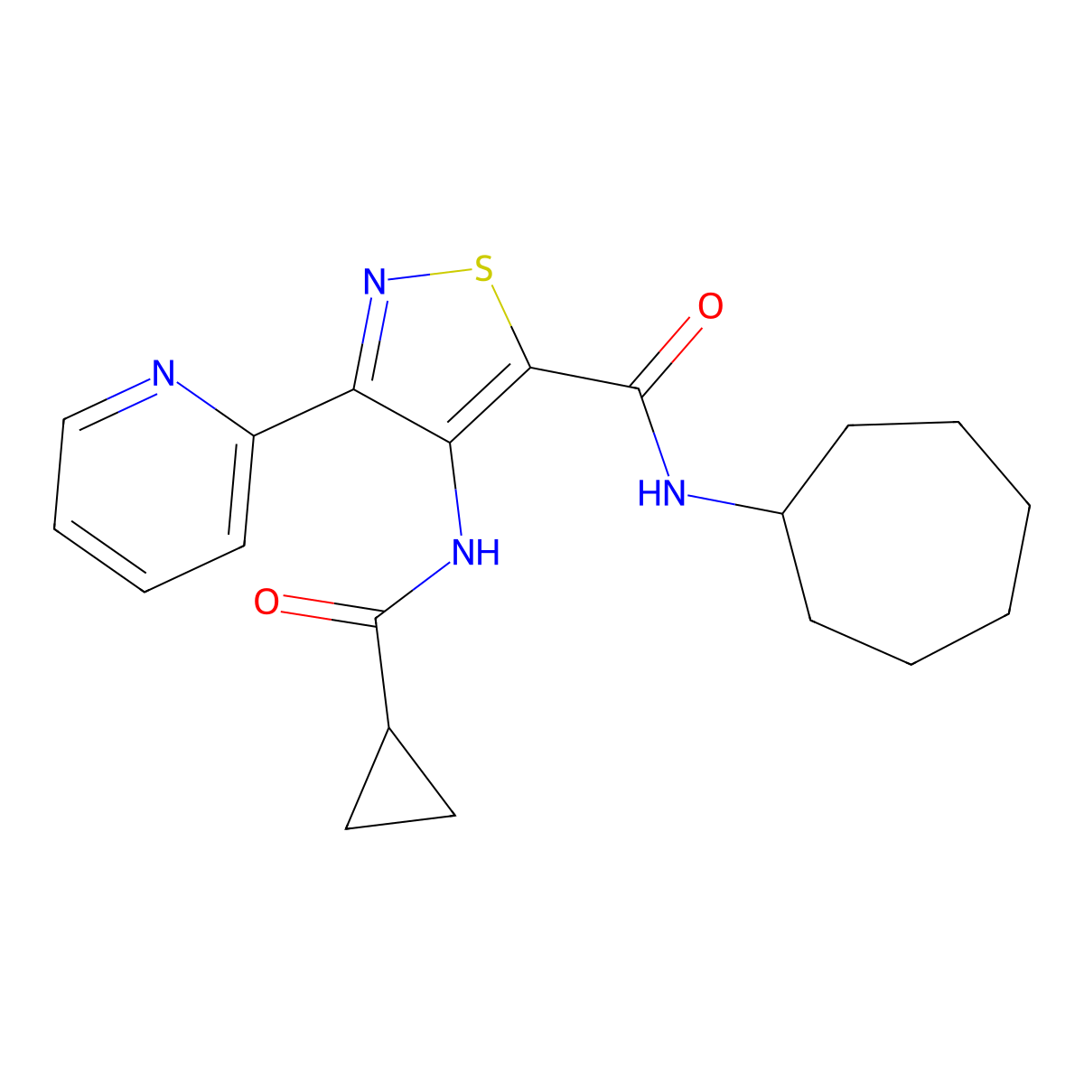 N-cycloheptyl-4-(cyclopropanecarboxamido)-3-(pyridin-2-yl)isothiazole-5-carboxamide molecular structure, CAS 1251599-09-3