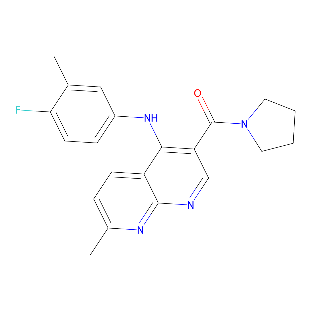 (4-((4-Fluoro-3-methylphenyl)amino)-7-methyl-1,8-naphthyridin-3-yl)(pyrrolidin-1-yl)methanone molecular structure, CAS 1251599-11-7