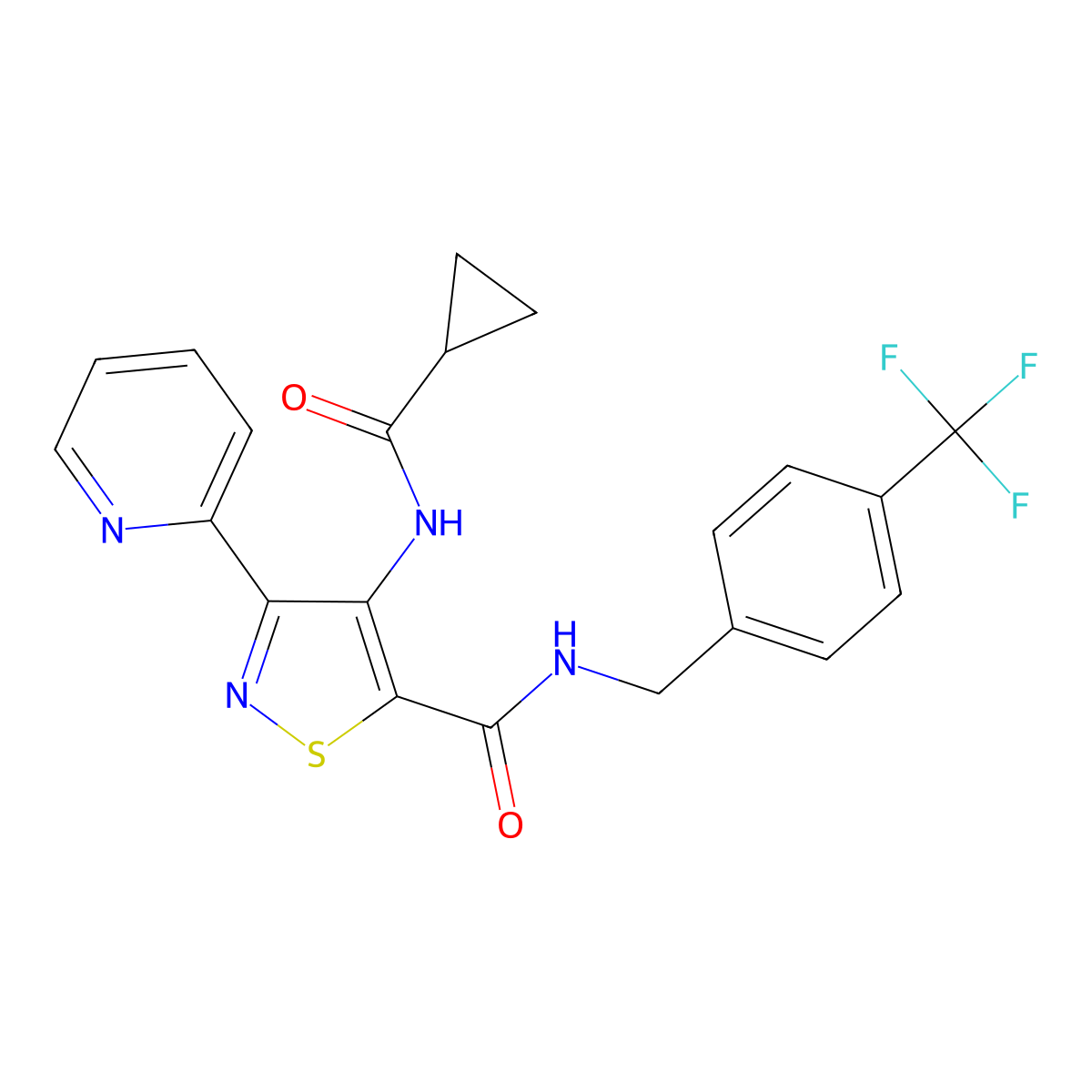 4-cyclopropaneamido-3-(pyridin-2-yl)-N-{[4-(trifluoromethyl)phenyl]methyl}-1,2-thiazole-5-carboxamide molecular structure, CAS 1251599-17-3