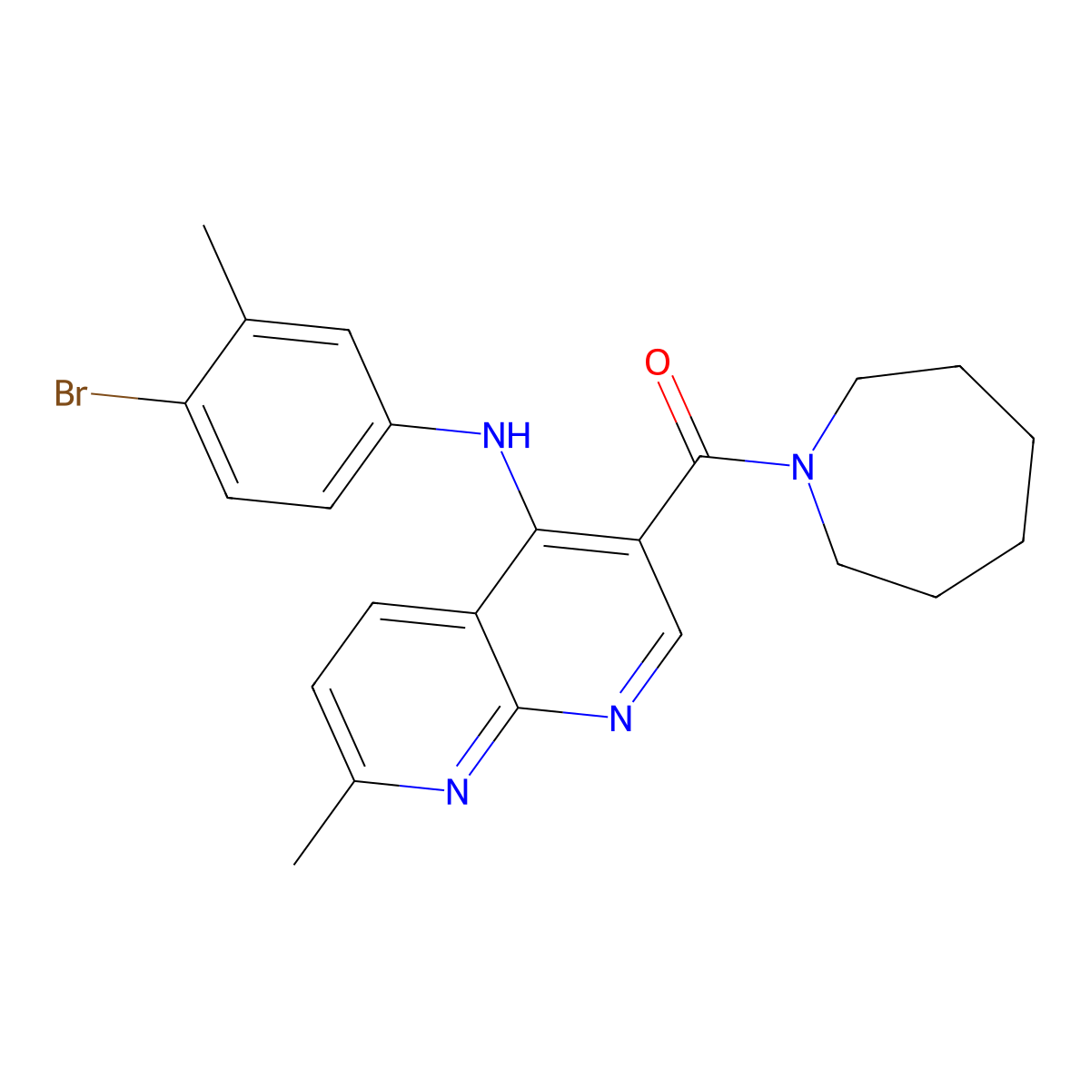 Azepan-1-yl(4-((4-bromo-3-methylphenyl)amino)-7-methyl-1,8-naphthyridin-3-yl)methanone molecular structure, CAS 1251599-21-9