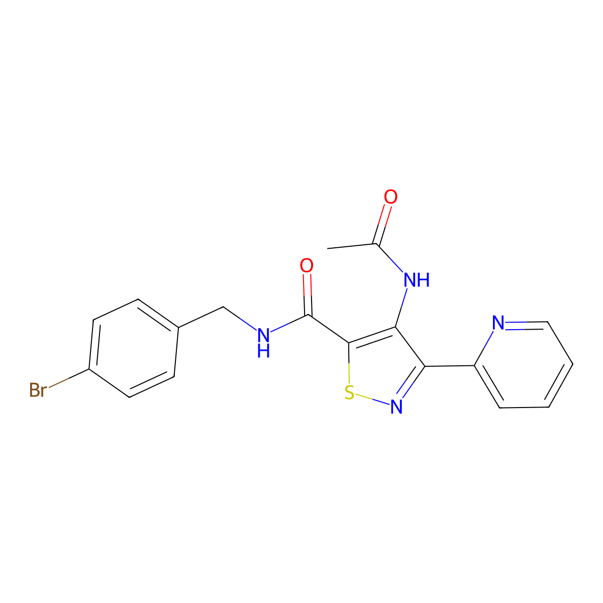 4-acetamido-N-(4-bromobenzyl)-3-(pyridin-2-yl)isothiazole-5-carboxamide molecular structure, CAS 1251599-22-0