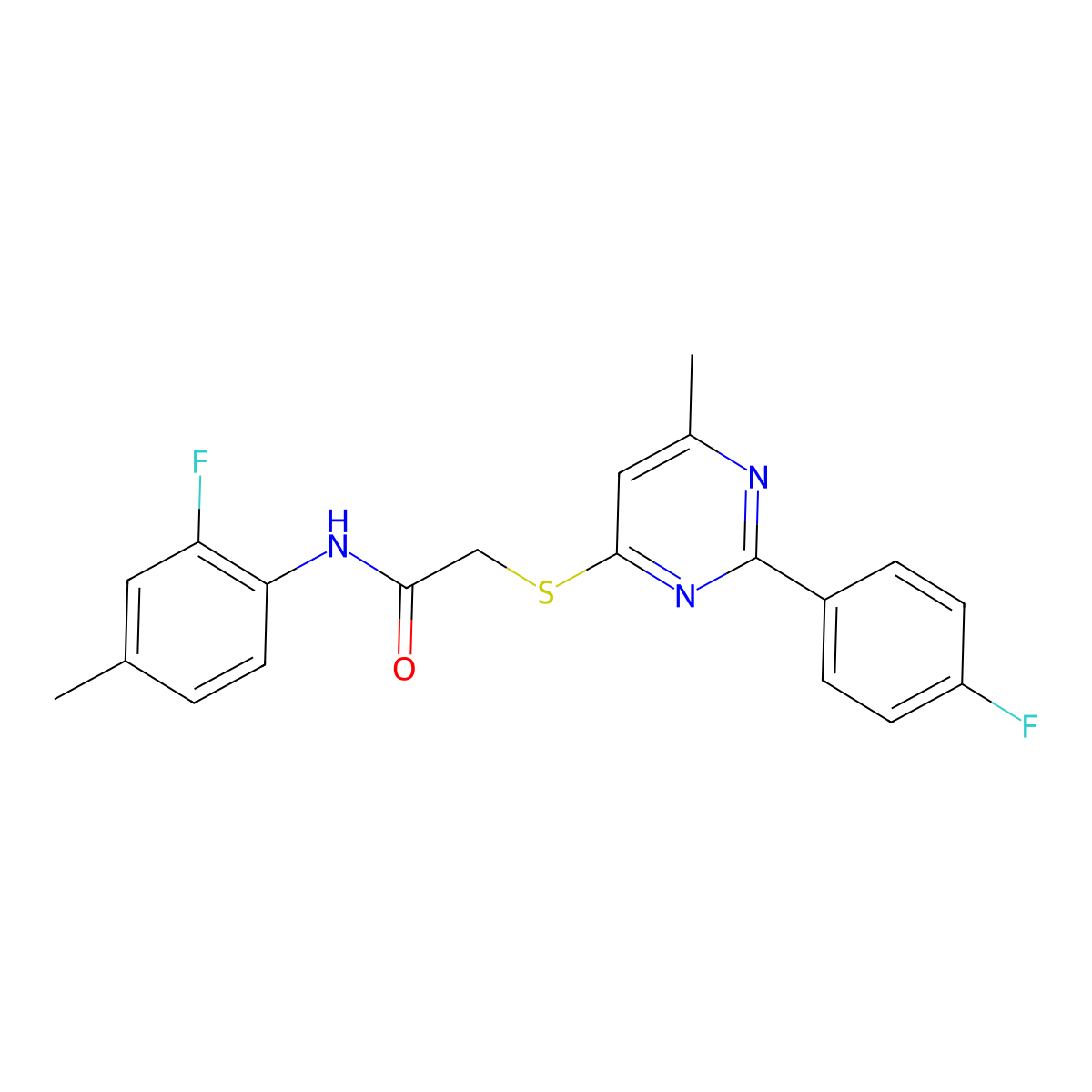 N-(2-fluoro-4-methylphenyl)-2-((2-(4-fluorophenyl)-6-methylpyrimidin-4-yl)thio)acetamide molecular structure, CAS 1251599-31-1