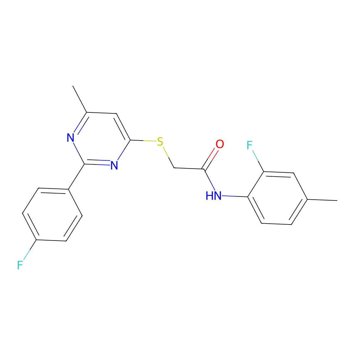 N-(2-fluoro-4-methylphenyl)-2-((2-(4-fluorophenyl)-6-methylpyrimidin-4-yl)thio)acetamide molecular structure, CAS 1251599-31-1