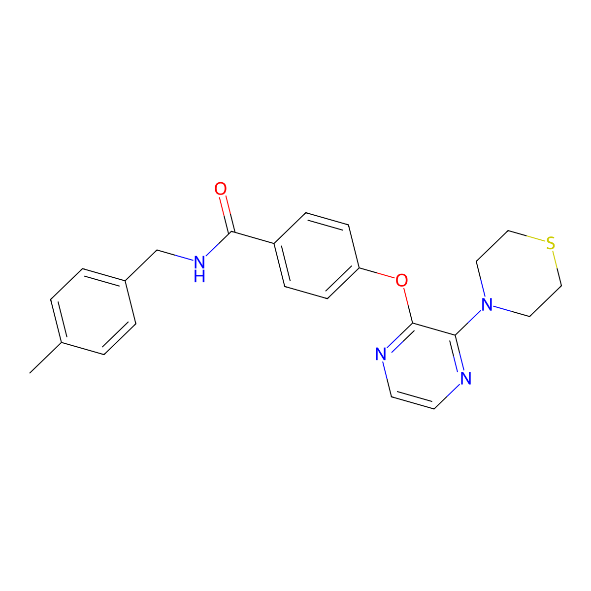 N-(4-methylbenzyl)-4-((3-thiomorpholinopyrazin-2-yl)oxy)benzamide molecular structure, CAS 1251599-40-2