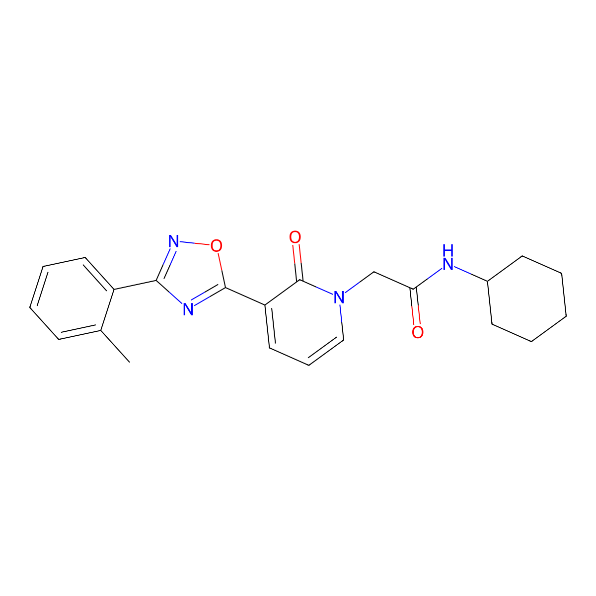N-cyclohexyl-2-{3-[3-(2-methylphenyl)-1,2,4-oxadiazol-5-yl]-2-oxo-1,2-dihydropyridin-1-yl}acetamide molecular structure, CAS 1251599-41-3