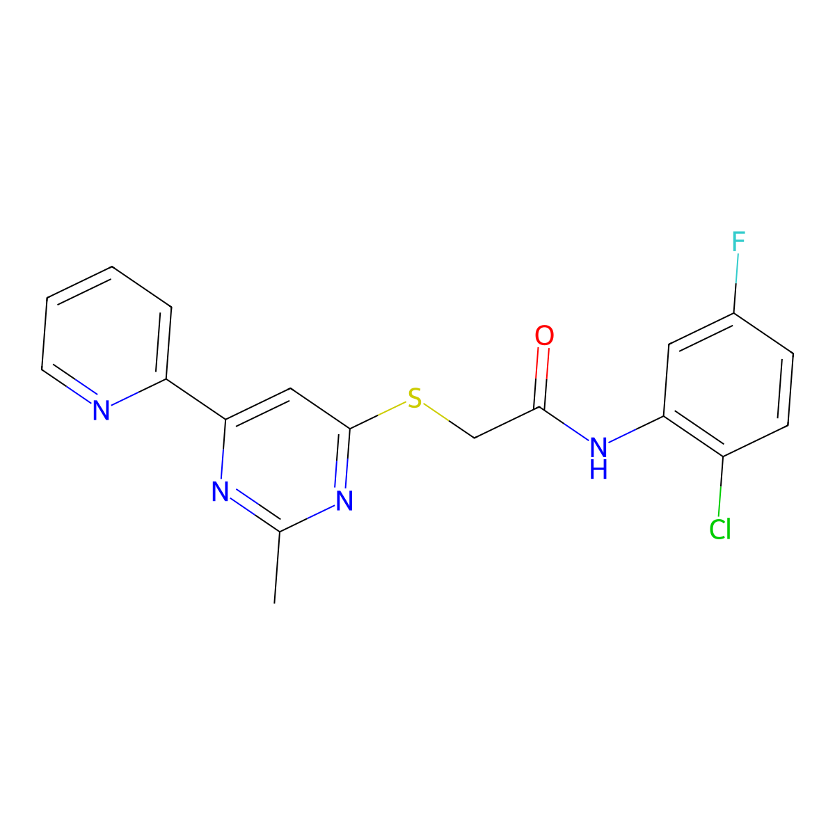 N-(2-chloro-5-fluorophenyl)-2-((2-methyl-6-(pyridin-2-yl)pyrimidin-4-yl)thio)acetamide molecular structure, CAS 1251599-43-5