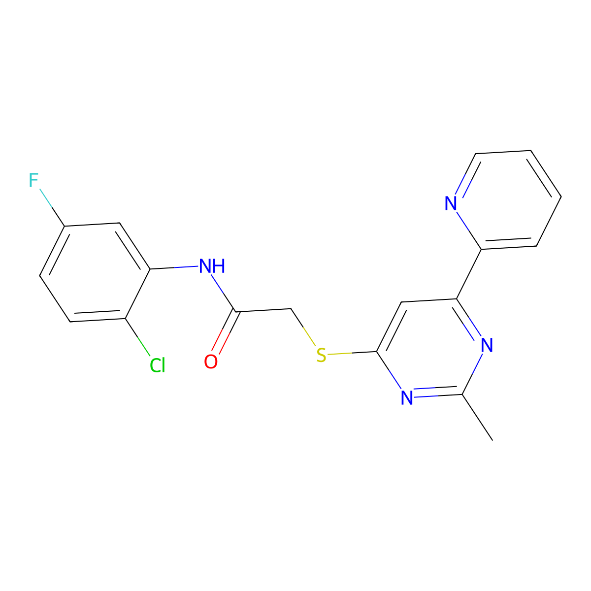 N-(2-chloro-5-fluorophenyl)-2-((2-methyl-6-(pyridin-2-yl)pyrimidin-4-yl)thio)acetamide molecular structure, CAS 1251599-43-5