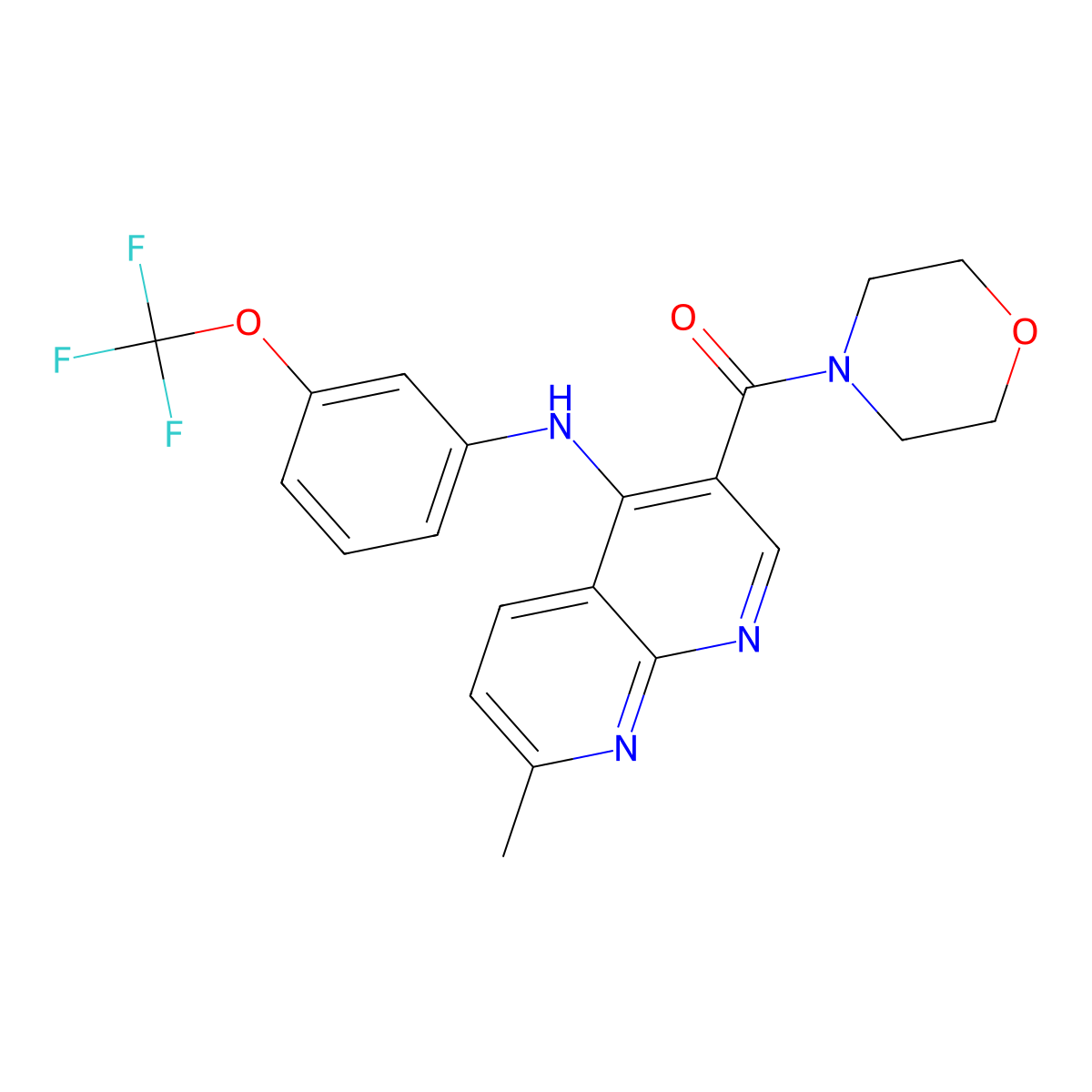 (7-Methyl-4-((3-(trifluoromethoxy)phenyl)amino)-1,8-naphthyridin-3-yl)(morpholino)methanone molecular structure, CAS 1251599-44-6