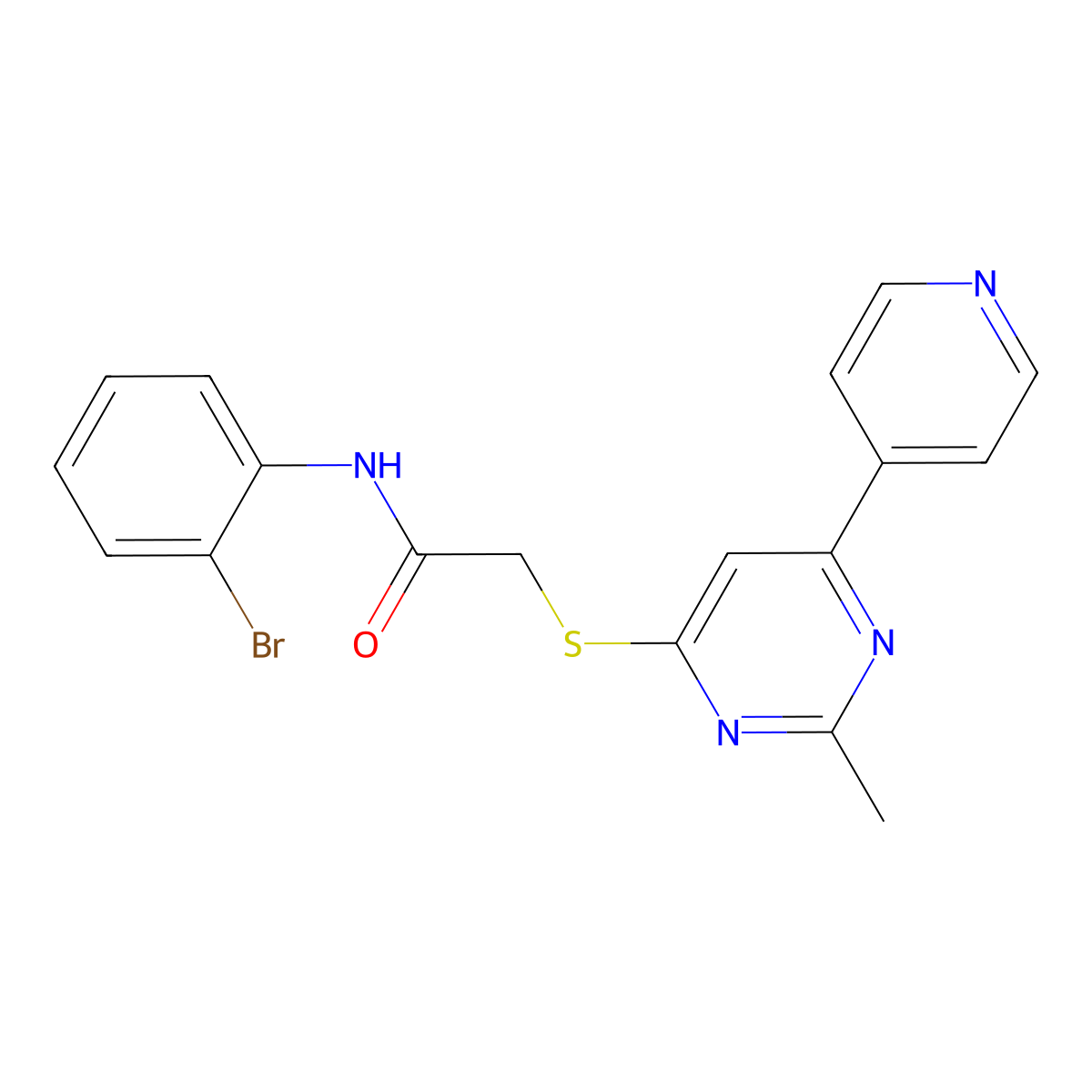 N-(2-bromophenyl)-2-((2-methyl-6-(pyridin-4-yl)pyrimidin-4-yl)thio)acetamide molecular structure, CAS 1251599-47-9