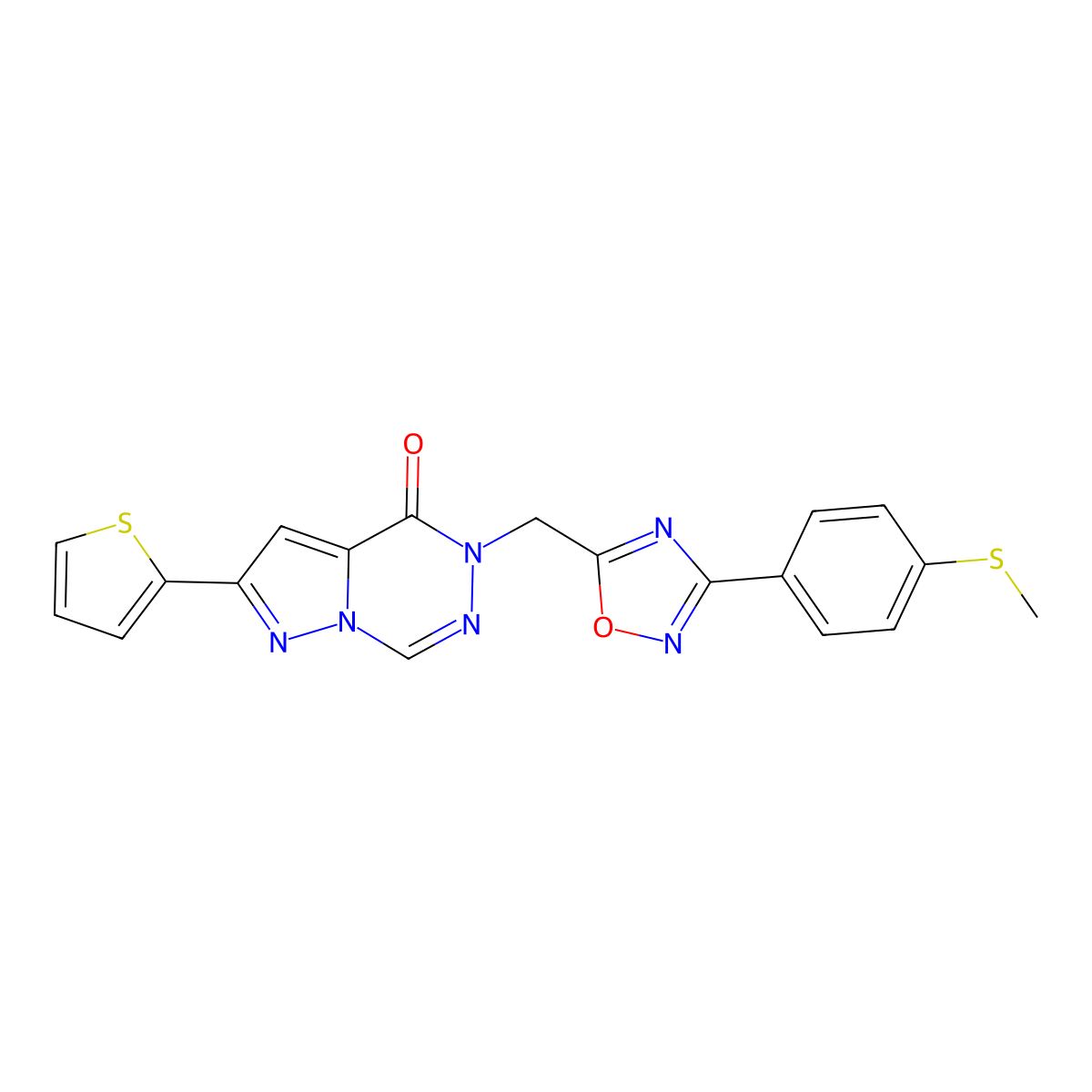 1-((3-(4-(Methylthio)phenyl)-1,2,4-oxadiazol-5-yl)methyl)-8-(thiophen-2-yl)pyrazolo[1,5-d][1,2,4]triazinone molecular structure, CAS 1251599-58-2