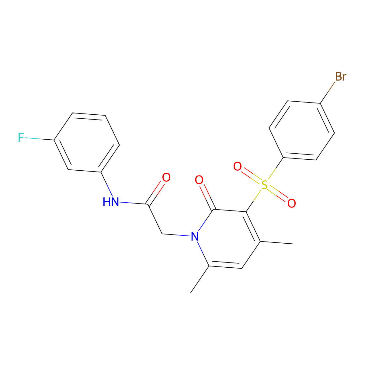 2-(3-((4-bromophenyl)sulfonyl)-4,6-dimethyl-2-oxopyridin-1(2H)-yl)-N-(3-fluorophenyl)acetamide molecular structure, CAS 1251599-87-7
