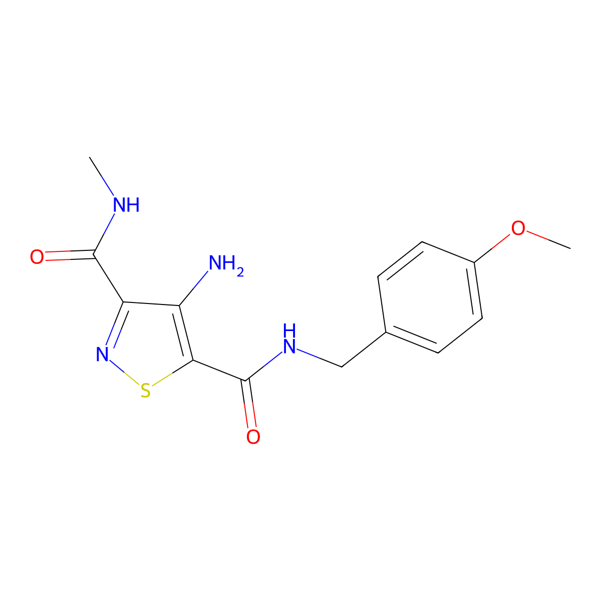 4-amino-N5-(4-methoxybenzyl)-N3-methylisothiazole-3,5-dicarboxamide molecular structure, CAS 1251599-97-9