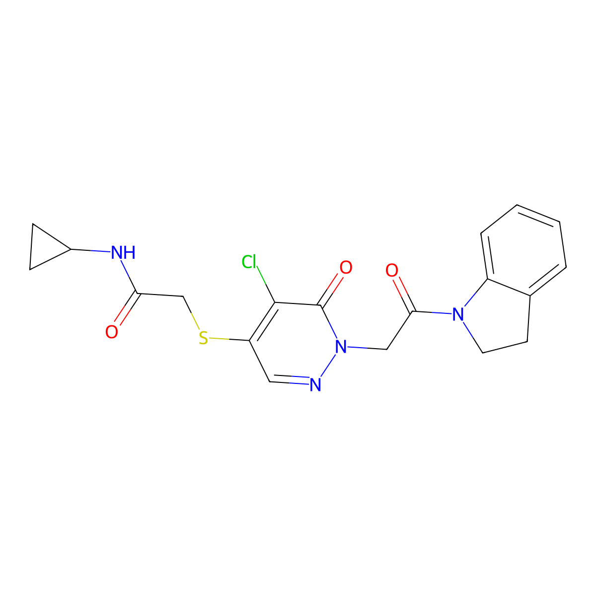 2-((5-chloro-1-(2-(indolin-1-yl)-2-oxoethyl)-6-oxo-1,6-dihydropyridazin-4-yl)thio)-N-cyclopropylacetamide molecular structure, CAS 1251600-01-7
