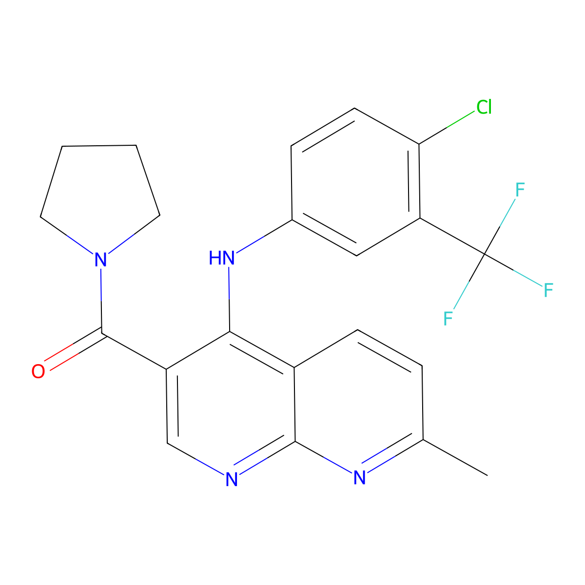 (4-((4-Chloro-3-(trifluoromethyl)phenyl)amino)-7-methyl-1,8-naphthyridin-3-yl)(pyrrolidin-1-yl)methanone molecular structure, CAS 1251600-05-1