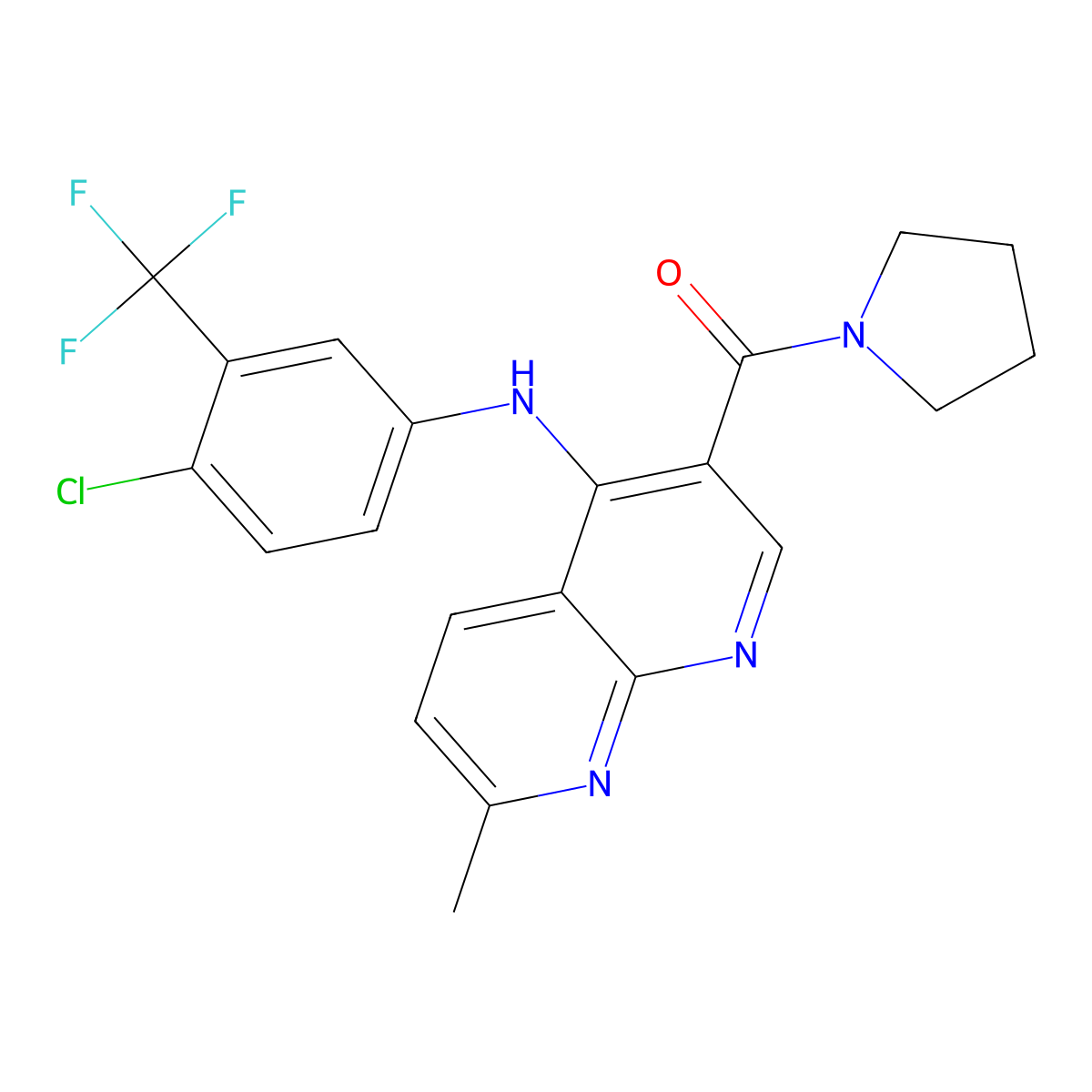 (4-((4-Chloro-3-(trifluoromethyl)phenyl)amino)-7-methyl-1,8-naphthyridin-3-yl)(pyrrolidin-1-yl)methanone molecular structure, CAS 1251600-05-1