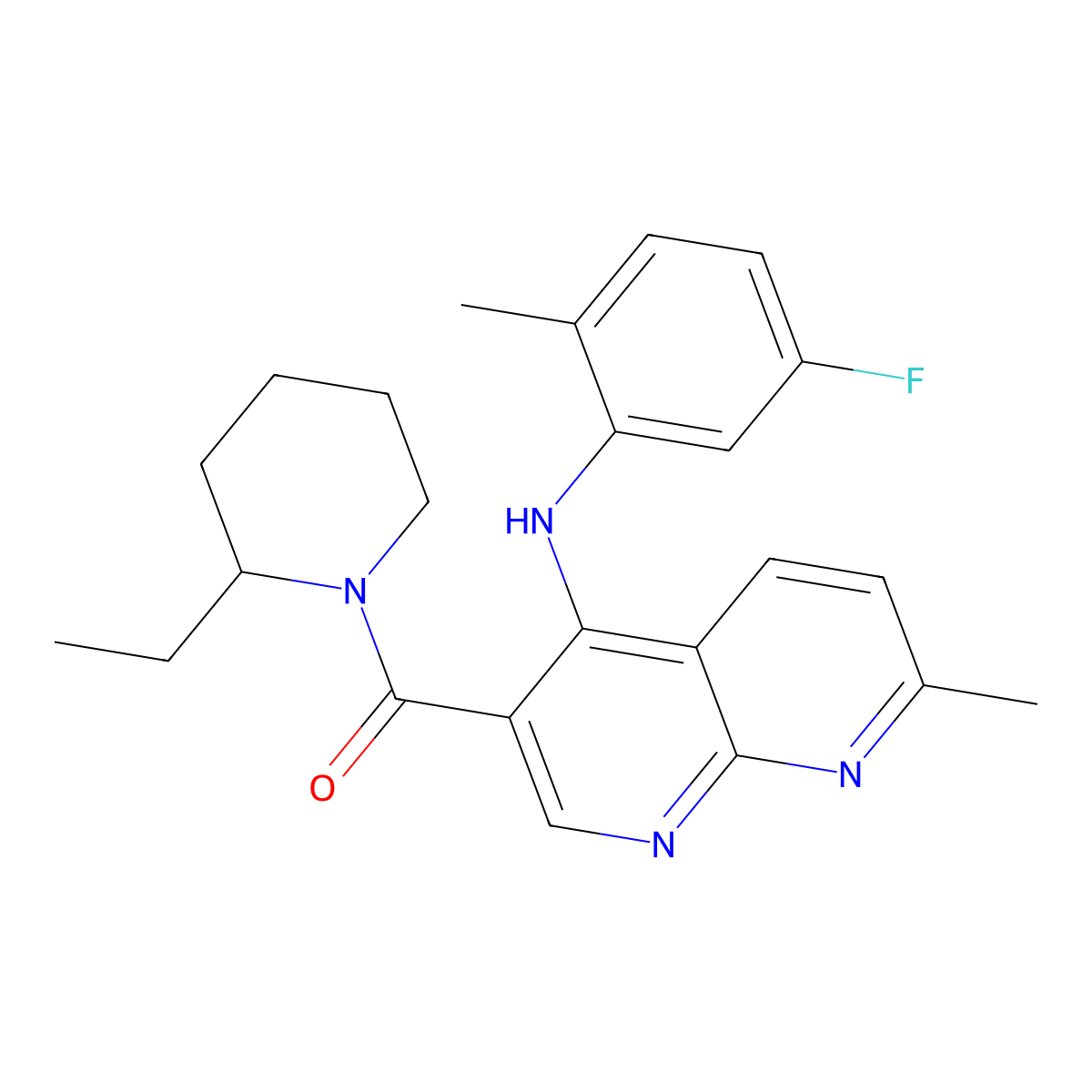 (2-Ethylpiperidin-1-yl)(4-((5-fluoro-2-methylphenyl)amino)-7-methyl-1,8-naphthyridin-3-yl)methanone molecular structure, CAS 1251600-09-5