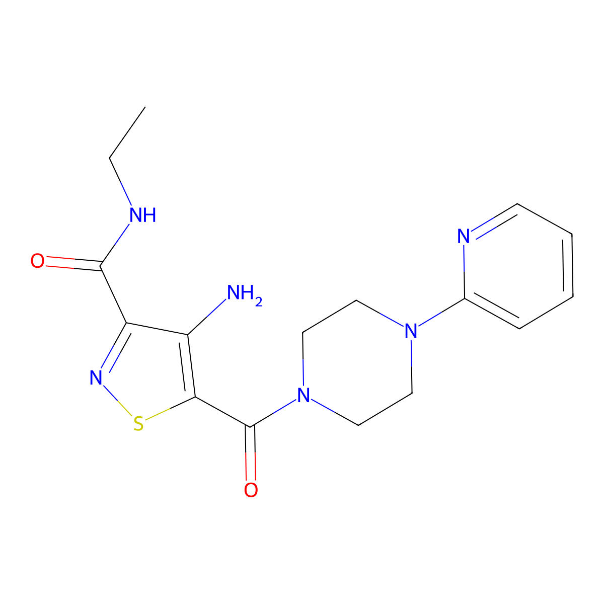 4-amino-N-ethyl-5-(4-(pyridin-2-yl)piperazine-1-carbonyl)isothiazole-3-carboxamide molecular structure, CAS 1251600-12-0