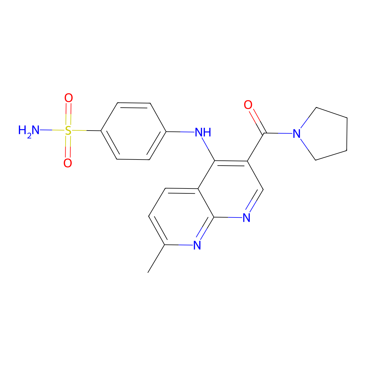 4-((7-Methyl-3-(pyrrolidine-1-carbonyl)-1,8-naphthyridin-4-yl)amino)benzenesulfonamide molecular structure, CAS 1251600-16-4