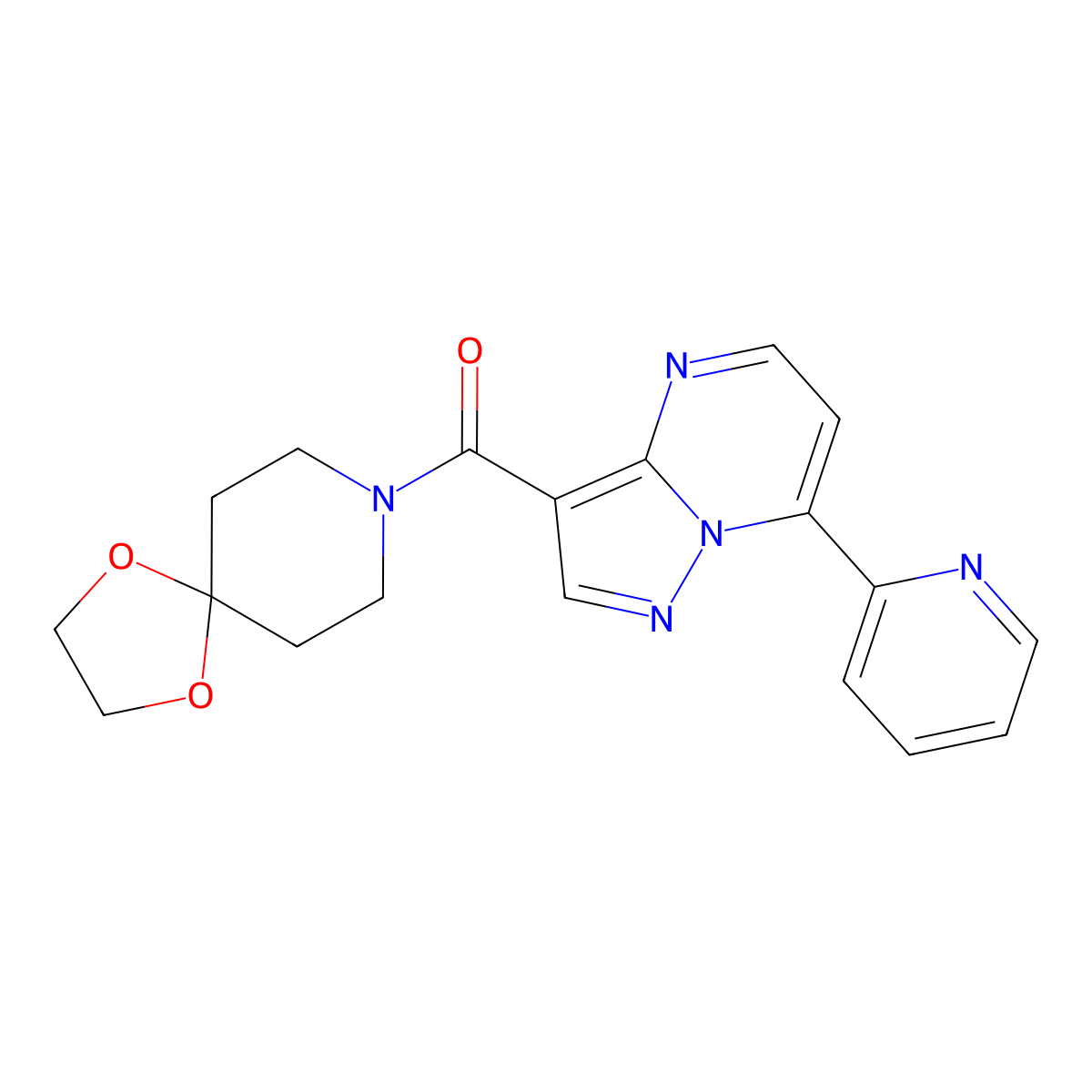 (7-(Pyridin-2-yl)pyrazolo[1,5-a]pyrimidin-3-yl)(1,4-dioxa-8-azaspiro[4.5]decan-8-yl)methanone molecular structure, CAS 1251600-17-5
