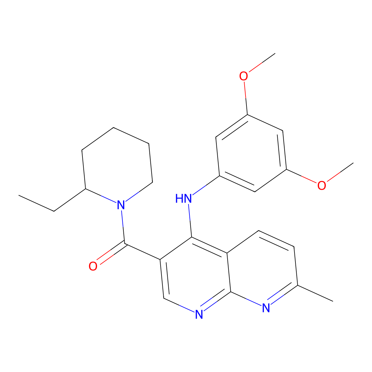 (4-((3,5-Dimethoxyphenyl)amino)-7-methyl-1,8-naphthyridin-3-yl)(2-ethylpiperidin-1-yl)methanone molecular structure, CAS 1251600-18-6