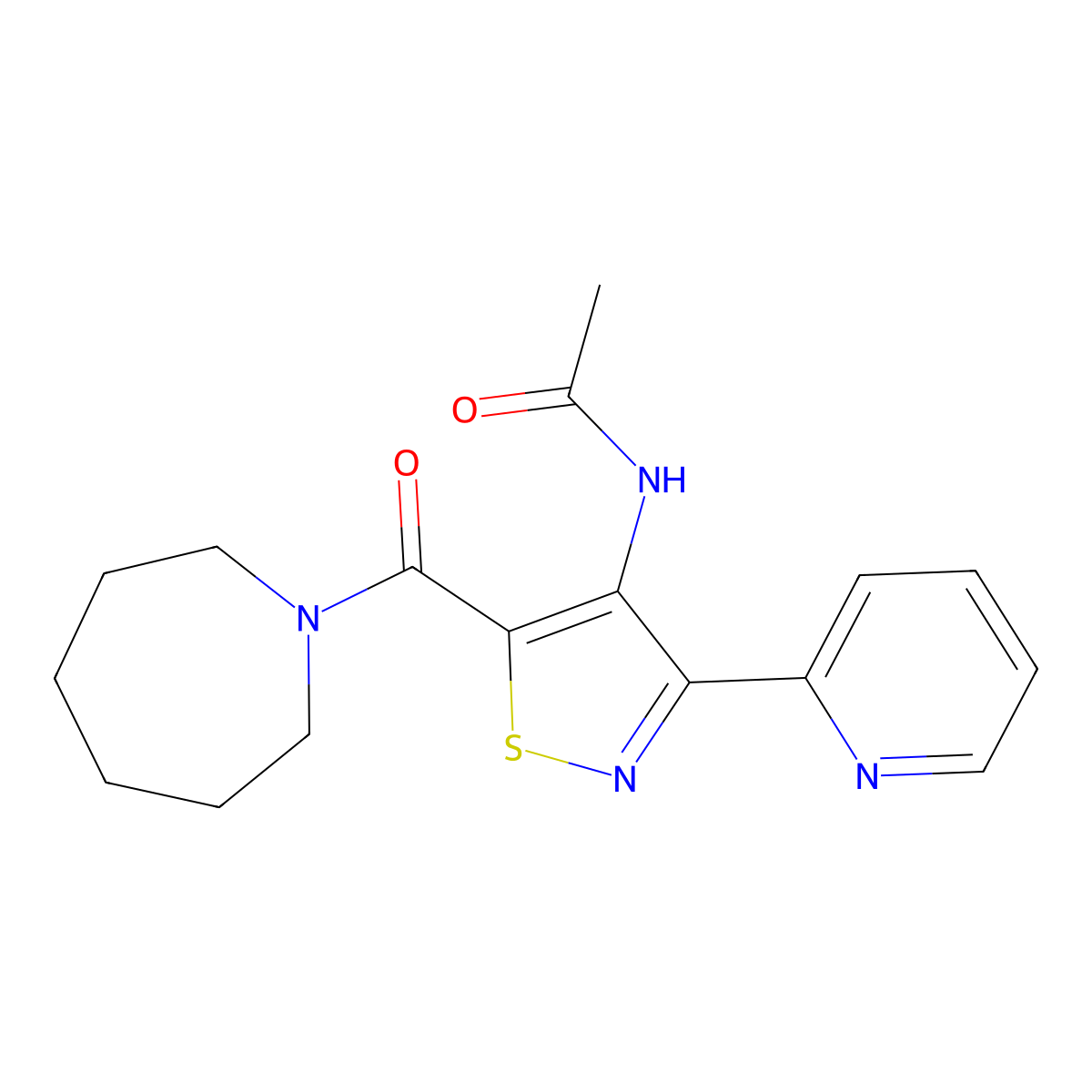 N-[5-(azepane-1-carbonyl)-3-(pyridin-2-yl)-1,2-thiazol-4-yl]acetamide molecular structure, CAS 1251600-22-2