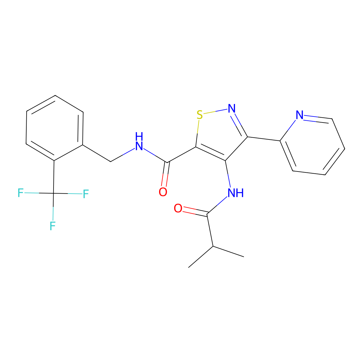 4-(2-methylpropanamido)-3-(pyridin-2-yl)-N-{[2-(trifluoromethyl)phenyl]methyl}-1,2-thiazole-5-carboxamide molecular structure, CAS 1251600-28-8