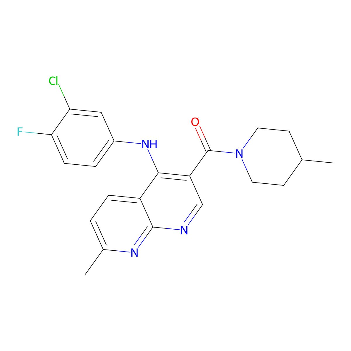 (4-((3-Chloro-4-fluorophenyl)amino)-7-methyl-1,8-naphthyridin-3-yl)(4-methylpiperidin-1-yl)methanone molecular structure, CAS 1251600-32-4