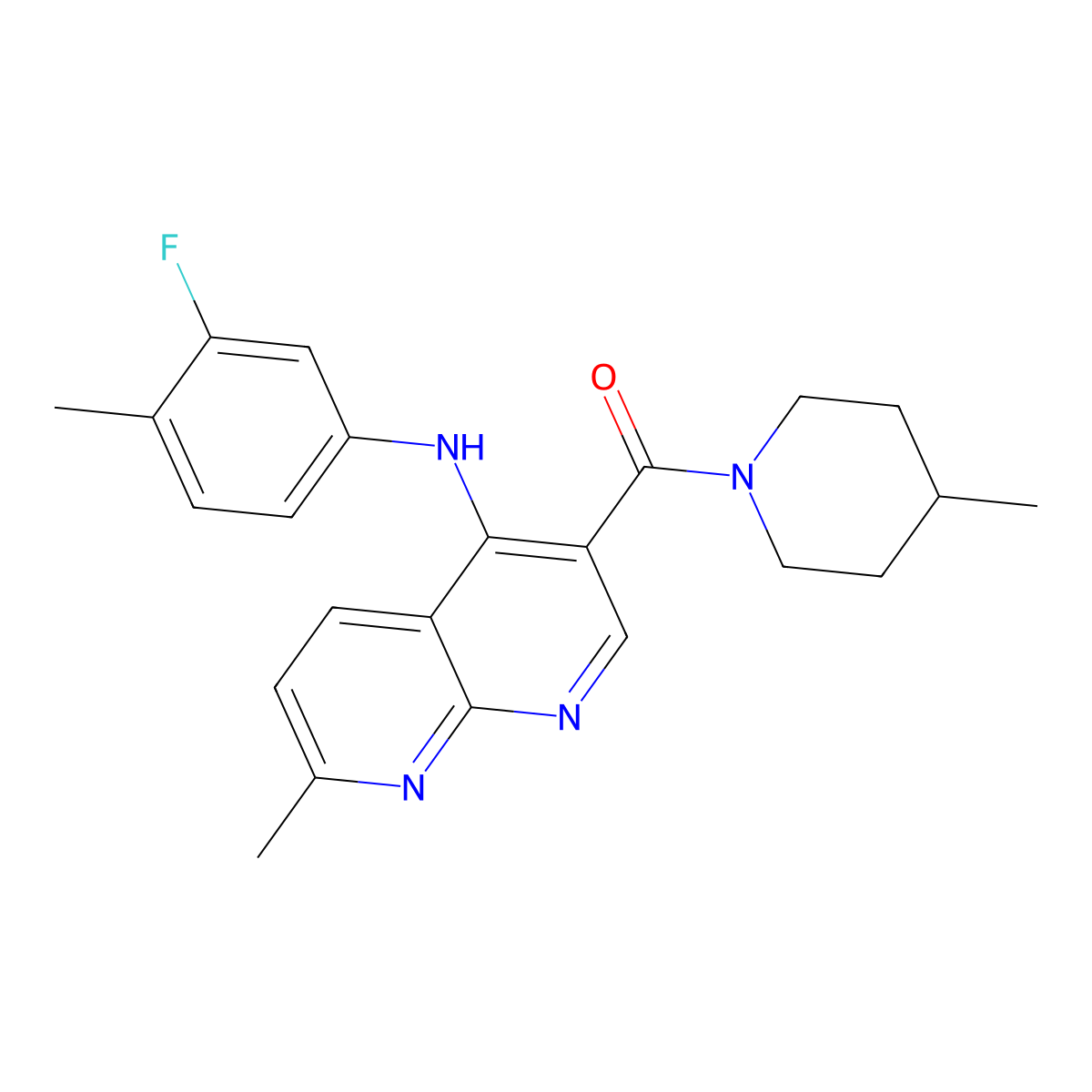 N-(3-fluoro-4-methylphenyl)-7-methyl-3-(4-methylpiperidine-1-carbonyl)-1,8-naphthyridin-4-amine molecular structure, CAS 1251600-39-1