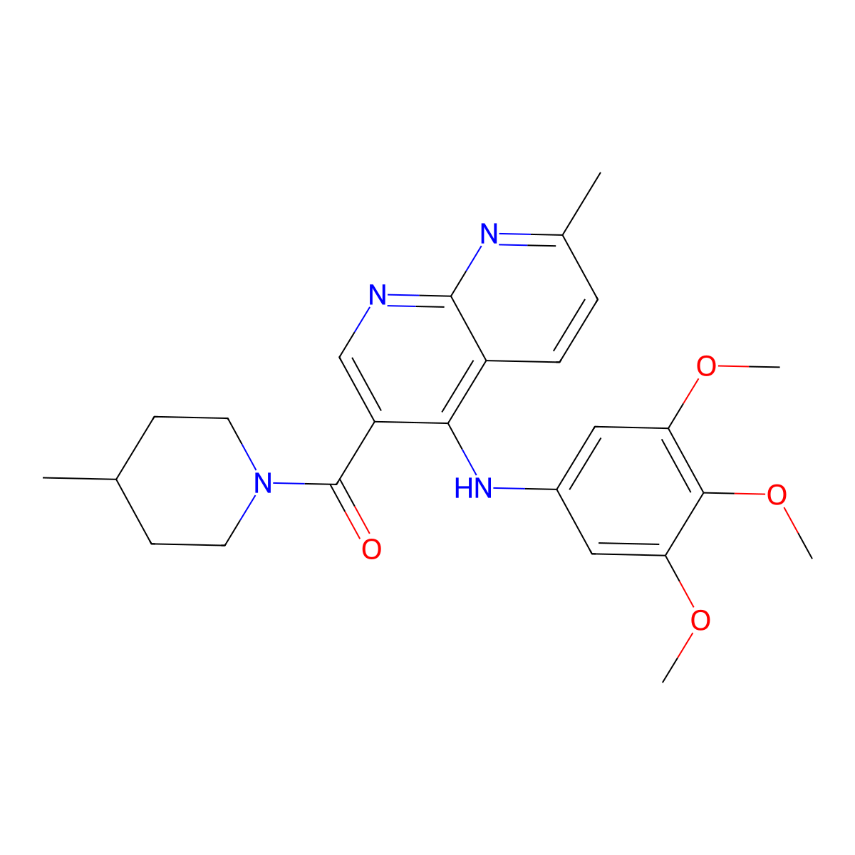 (7-Methyl-4-((3,4,5-trimethoxyphenyl)amino)-1,8-naphthyridin-3-yl)(4-methylpiperidin-1-yl)methanone molecular structure, CAS 1251600-46-0