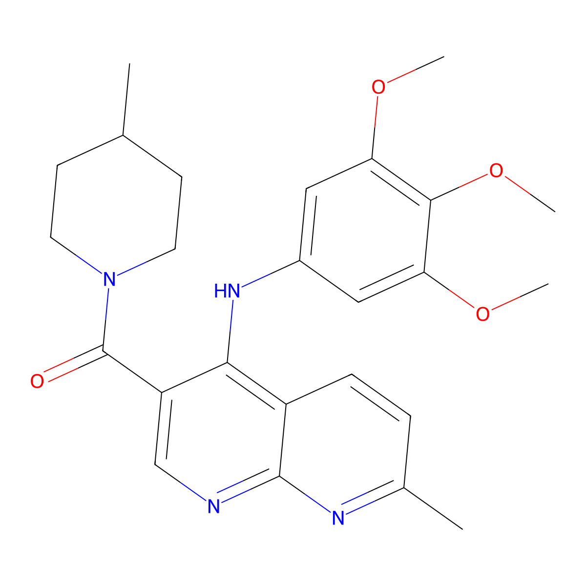 (7-Methyl-4-((3,4,5-trimethoxyphenyl)amino)-1,8-naphthyridin-3-yl)(4-methylpiperidin-1-yl)methanone molecular structure, CAS 1251600-46-0
