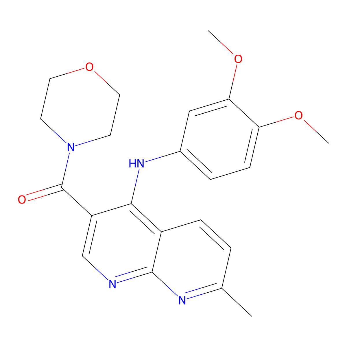 (4-((3,4-Dimethoxyphenyl)amino)-7-methyl-1,8-naphthyridin-3-yl)(morpholino)methanone molecular structure, CAS 1251600-72-2