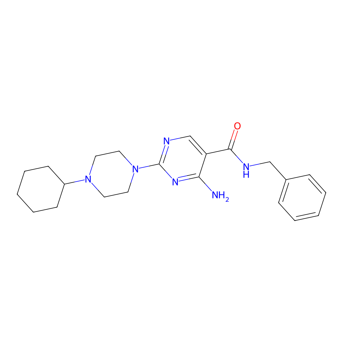 4-amino-N-benzyl-2-(4-cyclohexylpiperazin-1-yl)pyrimidine-5-carboxamide molecular structure, CAS 1251600-76-6