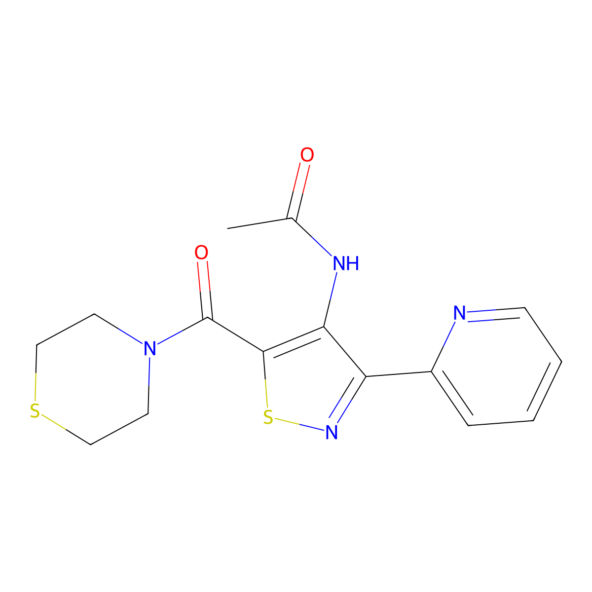 N-[3-(pyridin-2-yl)-5-(thiomorpholine-4-carbonyl)-1,2-thiazol-4-yl]acetamide molecular structure, CAS 1251600-80-2